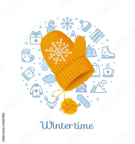 Winter Time Concept with Realistic Detailed 3d Knitted Woolen Mitten. Vector