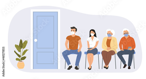 People of different ages are sitting in line. Woman in face mask getting vaccinated against Covid-19. Vector flat style cartoon illustration