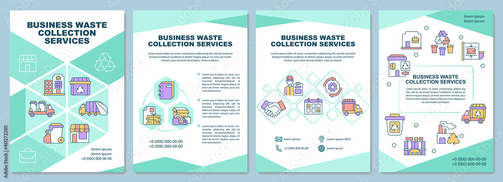 Business waste collection services brochure template. Flyer, booklet, leaflet print, cover design with linear icons. Vector layouts for presentation, annual reports, advertisement pages