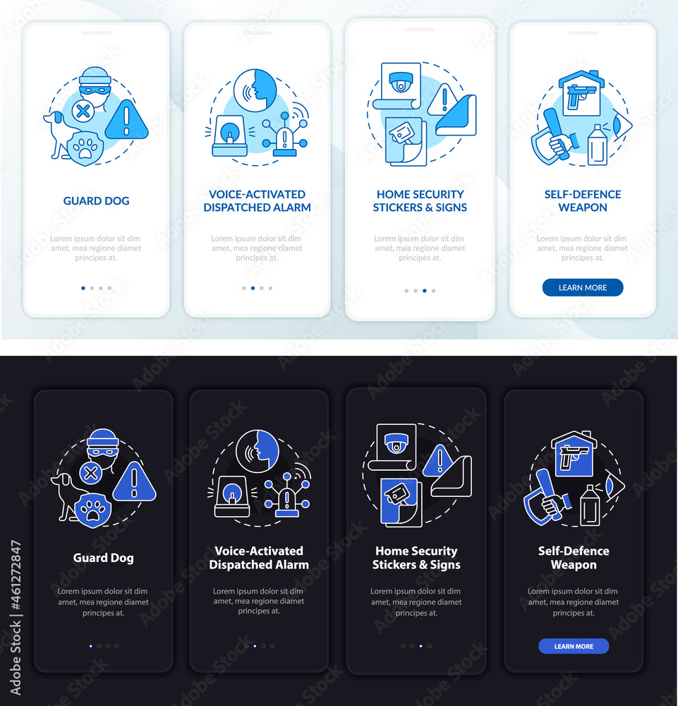 Robbery prevention onboarding mobile app page screen. Safety measures walkthrough 4 steps graphic instructions with concepts. UI, UX, GUI vector template with linear night and day mode illustrations