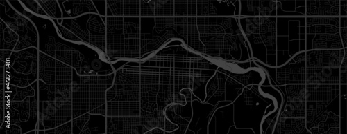 Dark black Calgary City area horizontal vector background map, streets and water cartography illustration.