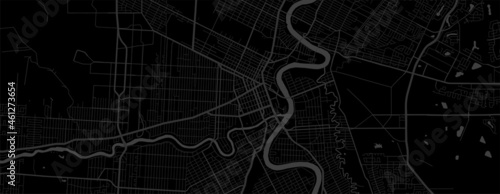 Dark black Winnipeg city area horizontal vector background map, streets and water cartography illustration.