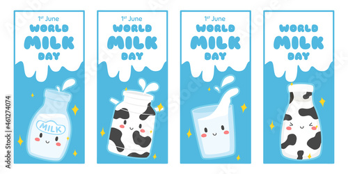 Cute hand drawn milk bottles, World Milk Day banner vector set