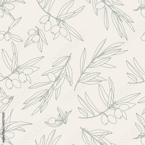 Vector illustration olive branch - vintage linear style. Seamless pattern in retro botanical style.