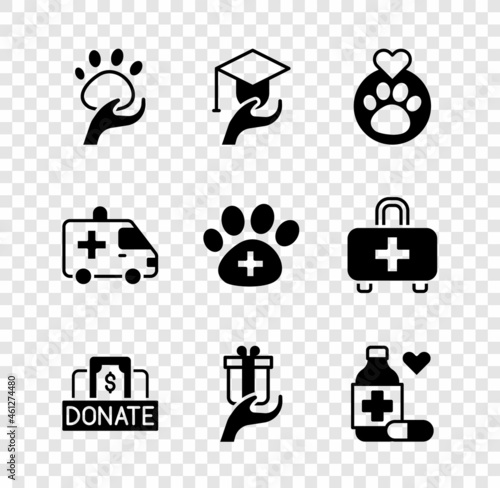 Set Animal volunteer, Education grant, Heart with animals footprint, Donation and charity, Give gift, Medicine bottle pills, Ambulance car and Veterinary clinic icon. Vector