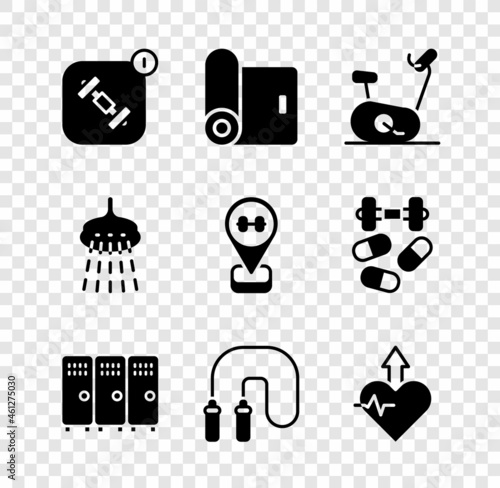 Set Fitness app, mat roll, Stationary bicycle, Locker or changing room, Jump rope, Heartbeat increase, Shower and Location gym icon. Vector