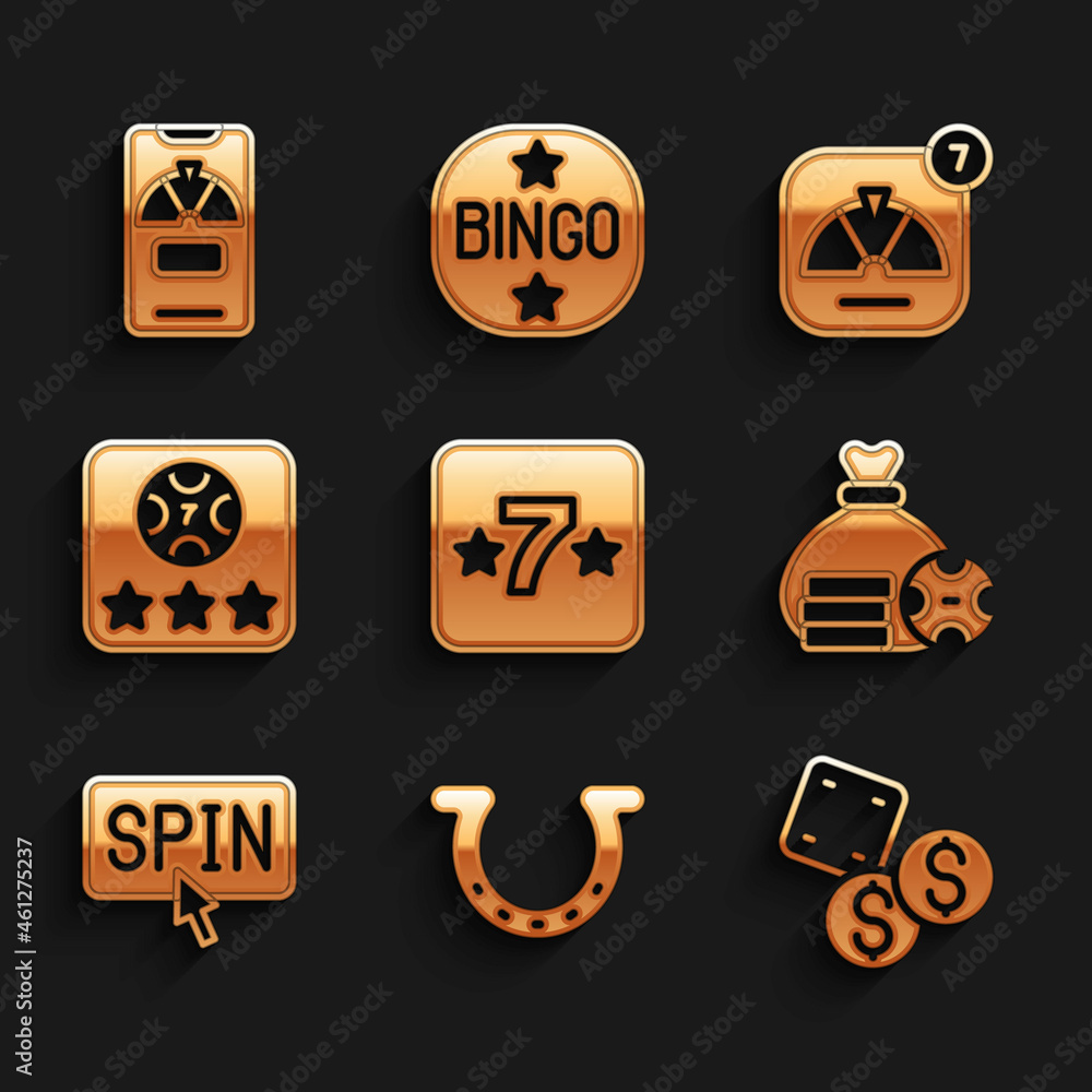 Set Casino slot machine, Horseshoe, Game dice, Money bag, Slot spin button, Online poker table game, Lucky wheel and phone icon. Vector Set Casino slot machine, Horseshoe, Game dice, Money bag, Slot spin button, Online poker table game, Lucky wheel and phone icon. Vector