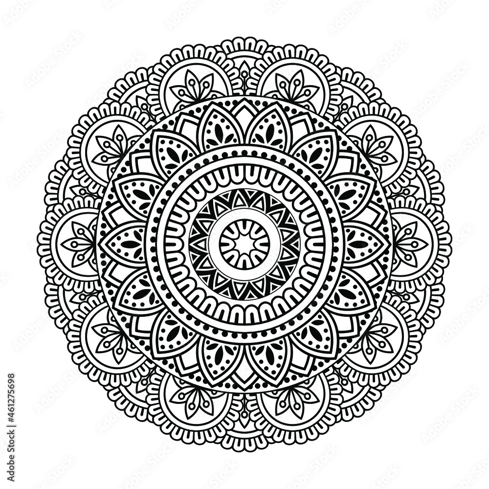Isolated vector mandala. Round pattern in white and black colors. Vintage decorative element for design and coloring books