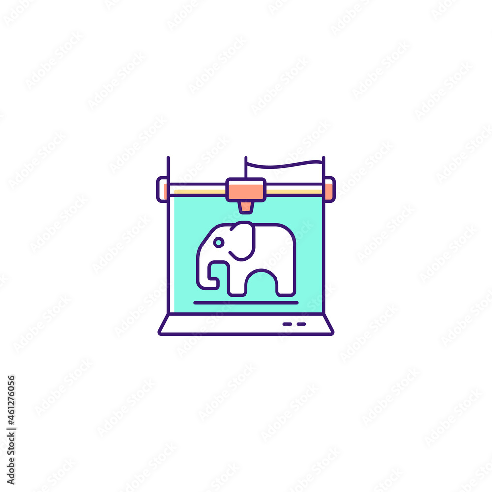 3d printed toys RGB color icon. Replacing missing toy parts. Creating 3d models for kids. Using food-safe materials. Manufacturing process. Isolated vector illustration. Simple filled line drawing 3d printed toys RGB color icon. Replacing missing toy parts. Creating 3d models for kids. Using food-safe materials. Manufacturing process. Isolated vector illustration. Simple filled line drawing