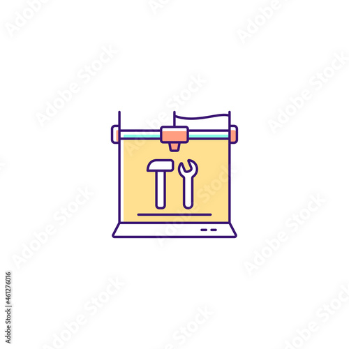 3d printed tools RGB color icon. Fully assembled functional models. Additive manufacturing technology. Printing hammer, wrench. Gather toolkit. Isolated vector illustration. Simple filled line drawing