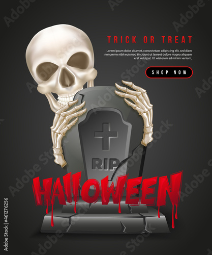 Happy halloween 3D realistic skeleton skull hand and gravestone