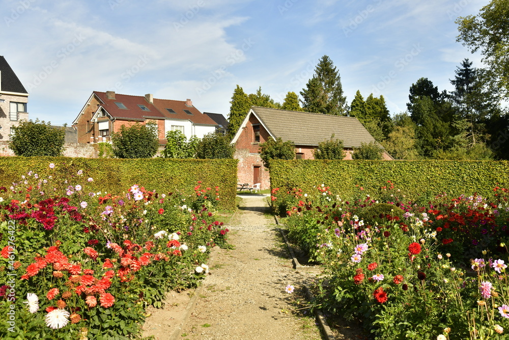 Le jardin des dahlias près d'une remise et d'une zone résidentielle au parc d'Enghien en Hainaut 