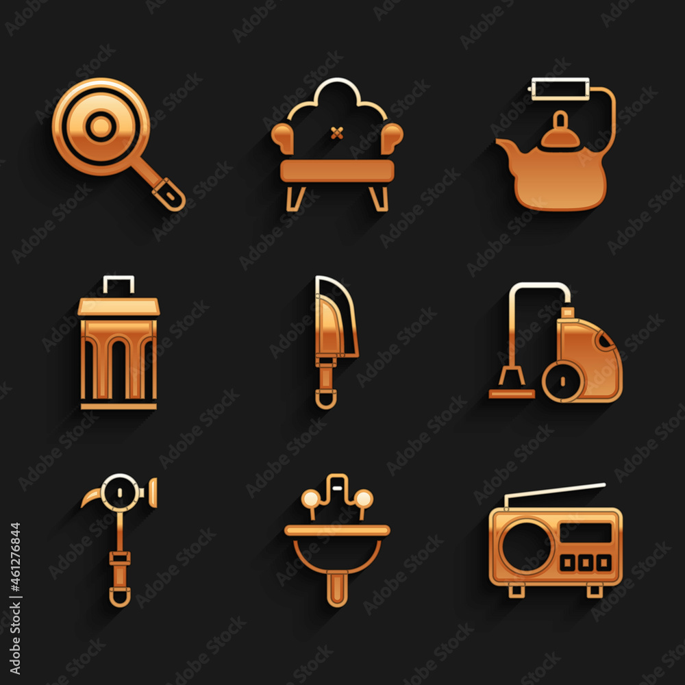 Set Knife, Washbasin, Radio, Vacuum cleaner, Hammer, Trash can, Kettle with handle and Frying pan icon. Vector Set Knife, Washbasin, Radio, Vacuum cleaner, Hammer, Trash can, Kettle with handle and Frying pan icon. Vector
