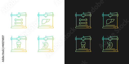 Three dimensional bioprinting gradient icons set for dark and light mode. Dental implants. Thin line contour symbols bundle. Isolated vector outline illustrations collection on black and white