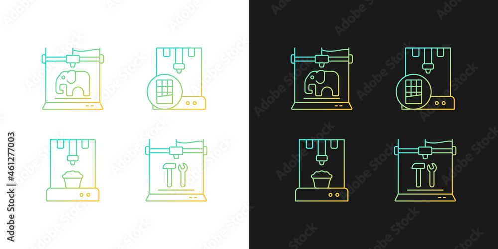 3d printed physical objects gradient icons set for dark and light mode. Food manufacturing. Thin line contour symbols bundle. Isolated vector outline illustrations collection on black and white 3d printed physical objects gradient icons set for dark and light mode. Food manufacturing. Thin line contour symbols bundle. Isolated vector outline illustrations collection on black and white