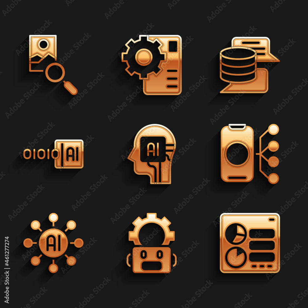 Set Humanoid robot, Robot setting, Computer api interface, Neural network, Binary code, Server, Data and Photo retouching icon. Vector