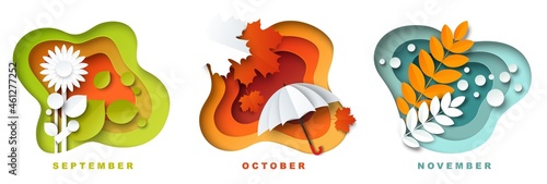 September, October and November autumn season months for calendar, card, vector illustration in paper art style.