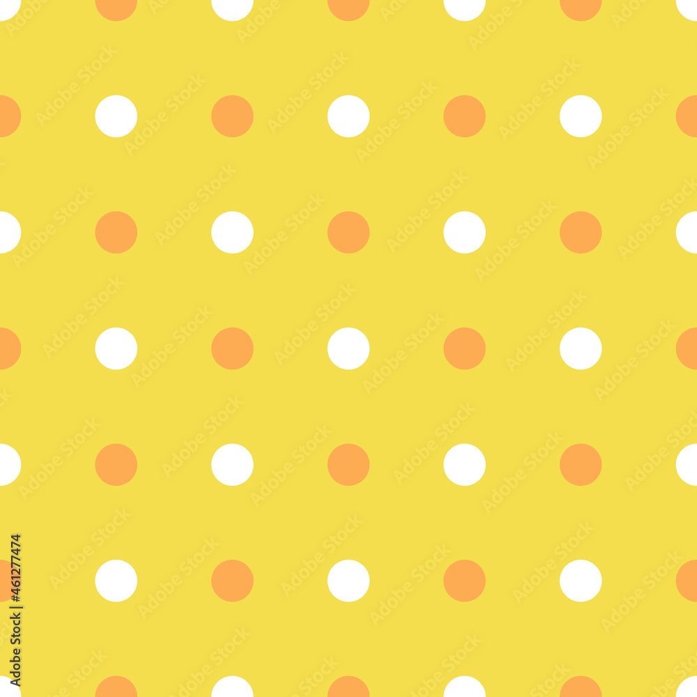Polka Dot Pattern, Marigold Orange and White Color on Illuminating Yellow Background. Seamless Background for graphic design, fabric, textile, fashion. Color Trend 2021 spring, summer