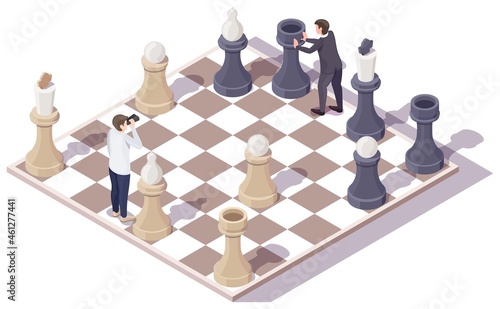 Businessman characters playing chess board game, vector isometric illustration. Business competition, strategy concept