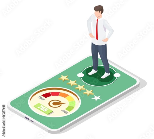 Businessman good credit score report, history on mobile, vector isometric illustration. Personal credit rating online.