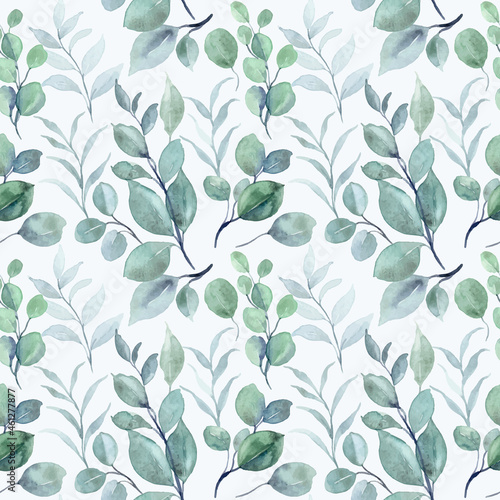 Fototapeta Naklejka Na Ścianę i Meble -  Eucalyptus leaves watercolor seamless pattern