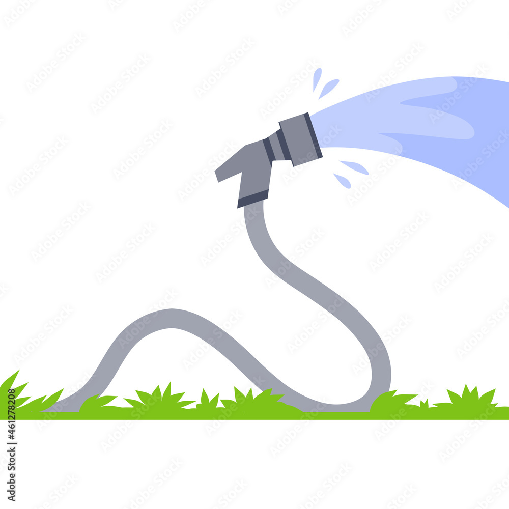 Hose. Jet of water. Grey tube. Green lawn and grass. Flat cartoon  illustration. Fire fighting and watering of lawn Stock Vector | Adobe Stock