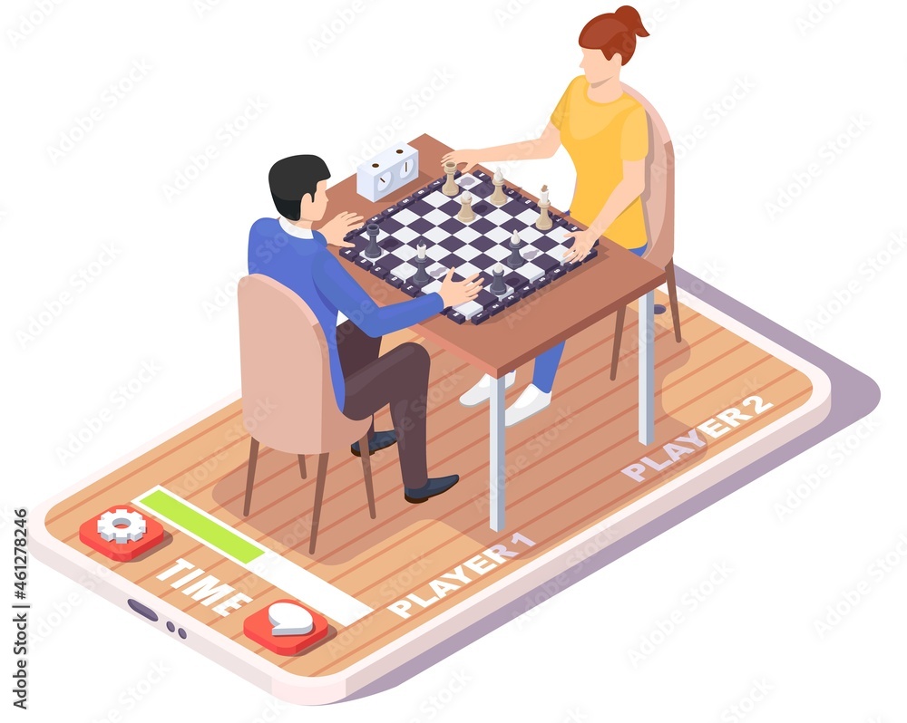 Man and woman playing chess board game on smartphone screen, vector isometric illustration. Online chess