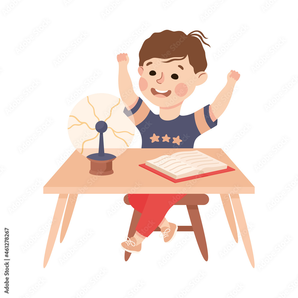 Little Boy Working on Physics Science Experiment with Glass Globe Vector Illustration Little Boy Working on Physics Science Experiment with Glass Globe Vector Illustration