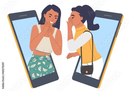 Two girls whispering talking to each other on mobile phone, gossiping, spreading rumors, telling secrets online, vector.