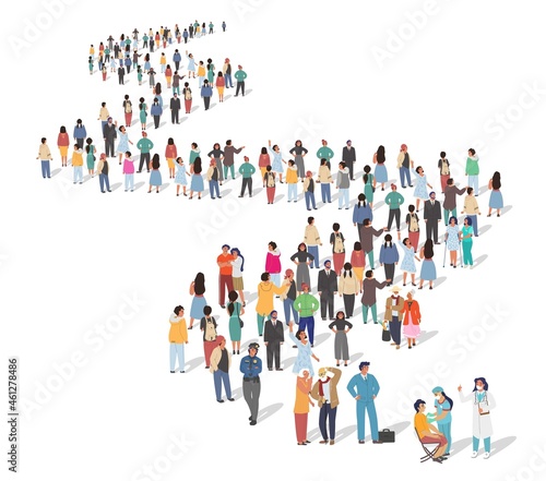 Group of people standing in line for Covid-19 vaccine injection, flat vector illustration. Coronavirus vaccination queue
