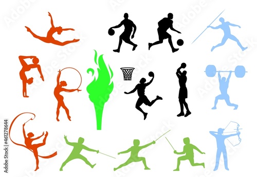 Sport people set. Gymnastics, fencing, archery, javelin throw, basketball, bodybuilding athlete silhouettes, vector.