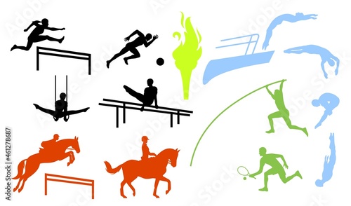 Sport people set. Gymnastics, football, springboard platform diving, equestrian sport, tennis athlete vector silhouettes
