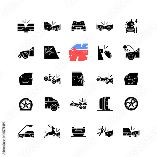 Car accident types black glyph icons set on white space. Road traffic crashes. Distracted driving. Property damage. Risk for serious injury. Silhouette symbols. Vector isolated illustration