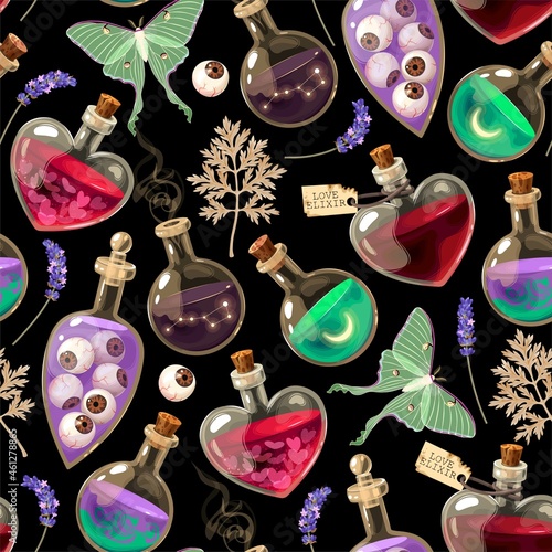 Magic seamless pattern with magic potion and herb