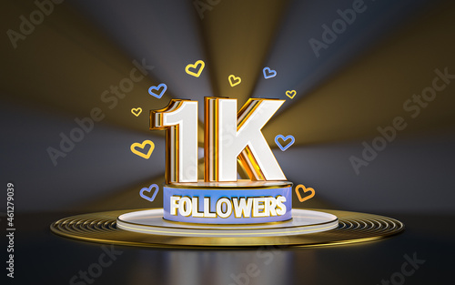 1k followers celebration, thank you social media banner with spotlight gold background 3d render photo