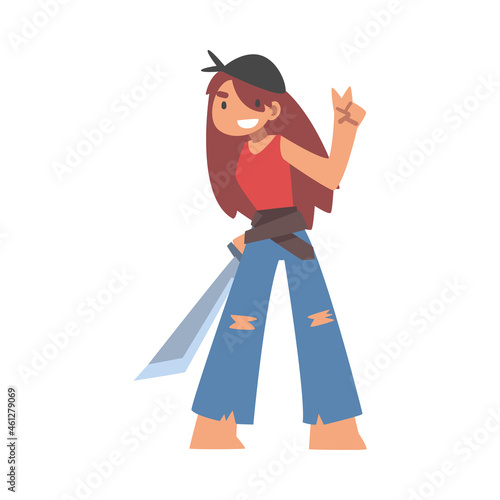 Woman Pirate or Buccaneer Character with Sabre as Marine Robber Showing V Sign Vector Illustration