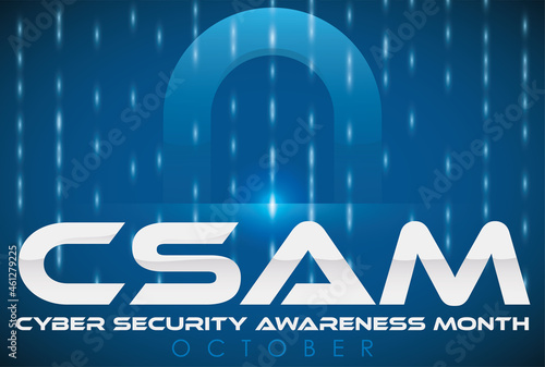 Padlock under Code Rain ready for Cyber Security Awareness Month, Vector Illustration