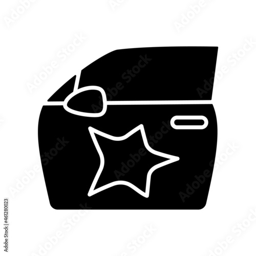 Dent on car side black glyph icon. Vehicle collision. Minor damage to automobile. Road incident. Scratch on door. Auto body damage. Silhouette symbol on white space. Vector isolated illustration