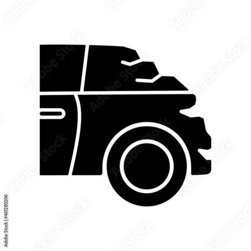 Broken boot black glyph icon. Bumping vehicle from behind. Visible external damage. Rear-end collision. Trunk malfunction. Silhouette symbol on white space. Vector isolated illustration