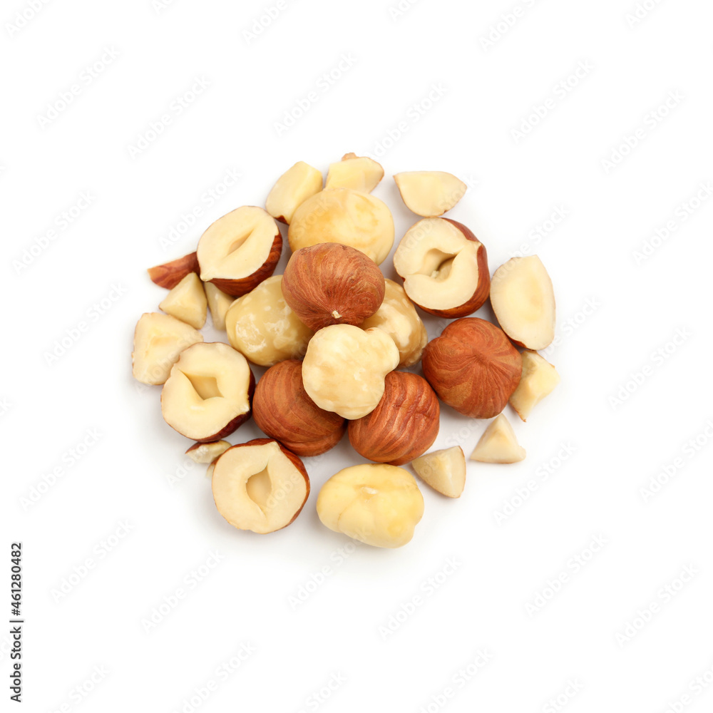 Heap of tasty hazelnuts on white background, top view Heap of tasty hazelnuts on white background, top view