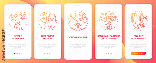High blood pressure signs onboarding mobile app page screen. Trouble with balance walkthrough 5 steps graphic instructions with concepts. UI, UX, GUI vector template with linear color illustrations