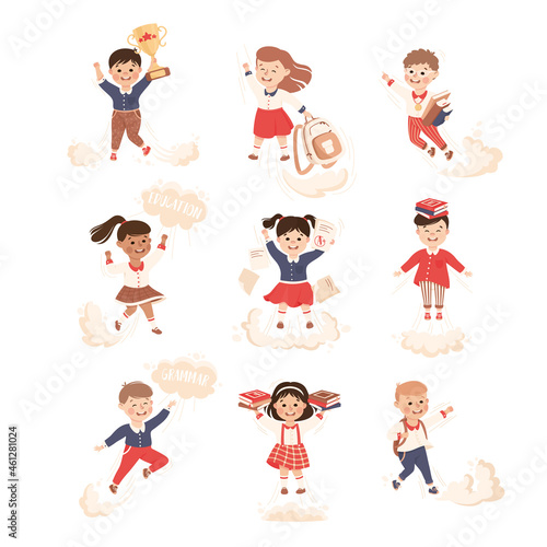 Superhero Kid at School Flying Forward Achieving Goal and Gaining Knowledge Vector Set