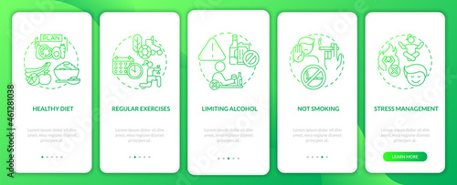 Prevent high blood pressure onboarding mobile app page screen. Limiting alcohol walkthrough 5 steps graphic instructions with concepts. UI, UX, GUI vector template with linear color illustrations