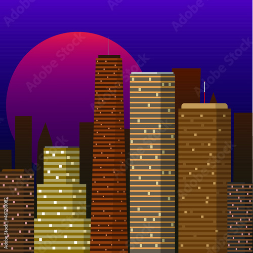 Night city vector image Colorful neon futuristic night city Horizontal city scape vector background with dark buildings silhouette. Night city background.
