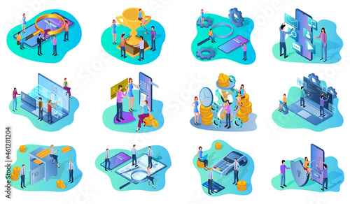 Search engines,Web development,digital payments,banking, secure connections,teamwork.A set of isometric icons vector illustrations on the topic of business and technology.