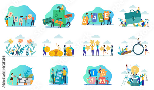 Teamwork, rating, search technologies, sale, startup.A set of flat icons is a vector illustration on the topic of business and technology.