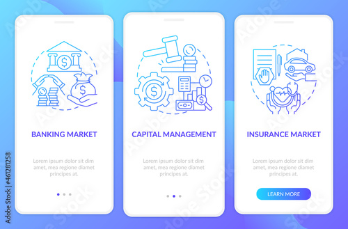 Financial law supervision onboarding mobile app page screen. Capital regulation walkthrough 3 steps graphic instructions with concepts. UI, UX, GUI vector template with linear color illustrations