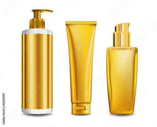 Blank mock up gold tube for cosmetic product set isolated on white background, package container for cream, lotion, toothpaste, vector