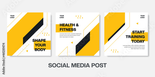 Fitness banner post yellow background. Sports Gym social media post with modern trendy shape. Vector illustration.