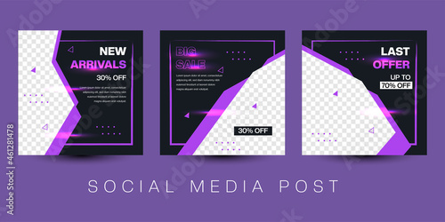 sale banner post with purple and black background. Social media post promotion new product. Vector illustration.